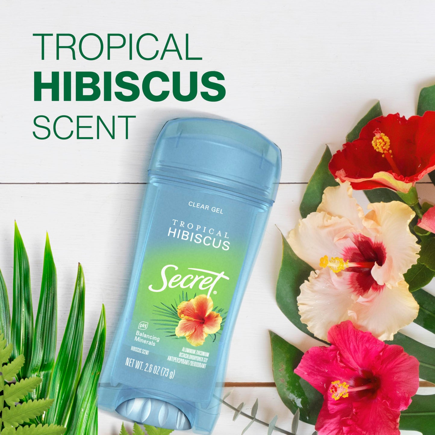 Secret Fresh Antiperspirant Deodorant for Women, 72hr Breathable Sweat & Odor Protection, Instant Freshness & Gentle, PH Balancing Minerals, Clear Gel, Tropical Hibiscus Scent, 2.6 oz