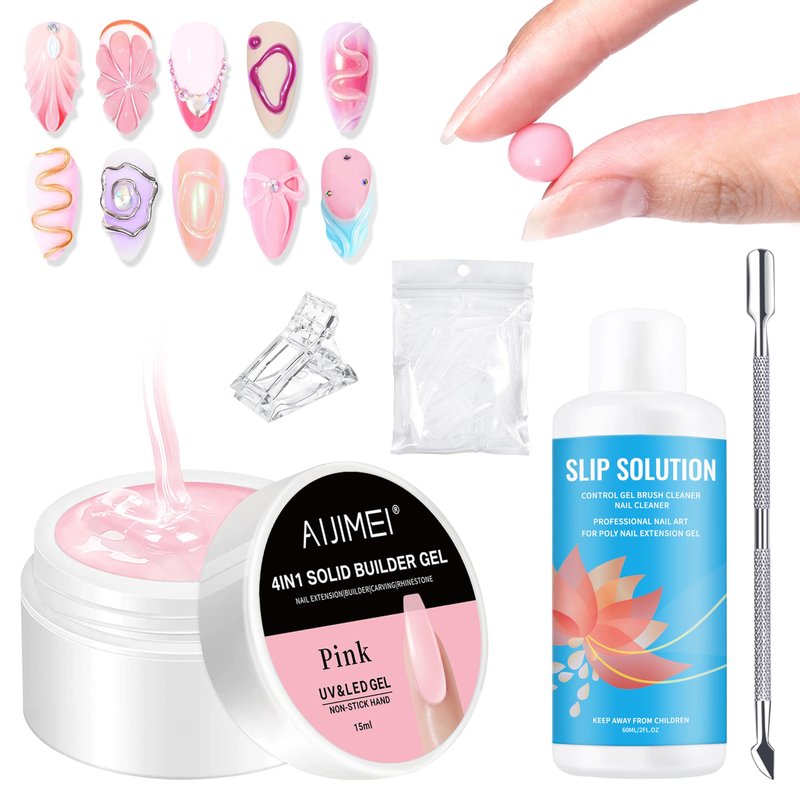 AIJIMEI Solid Builder Gel Kit With Manicure Tools For Nails 15ML 4IN1 3D Sculpting Hard Building Gel Non-Stick Hand UV & LED For Nails Long-Lasting Nail Extension Gel For Nail Manicure DIY At Home