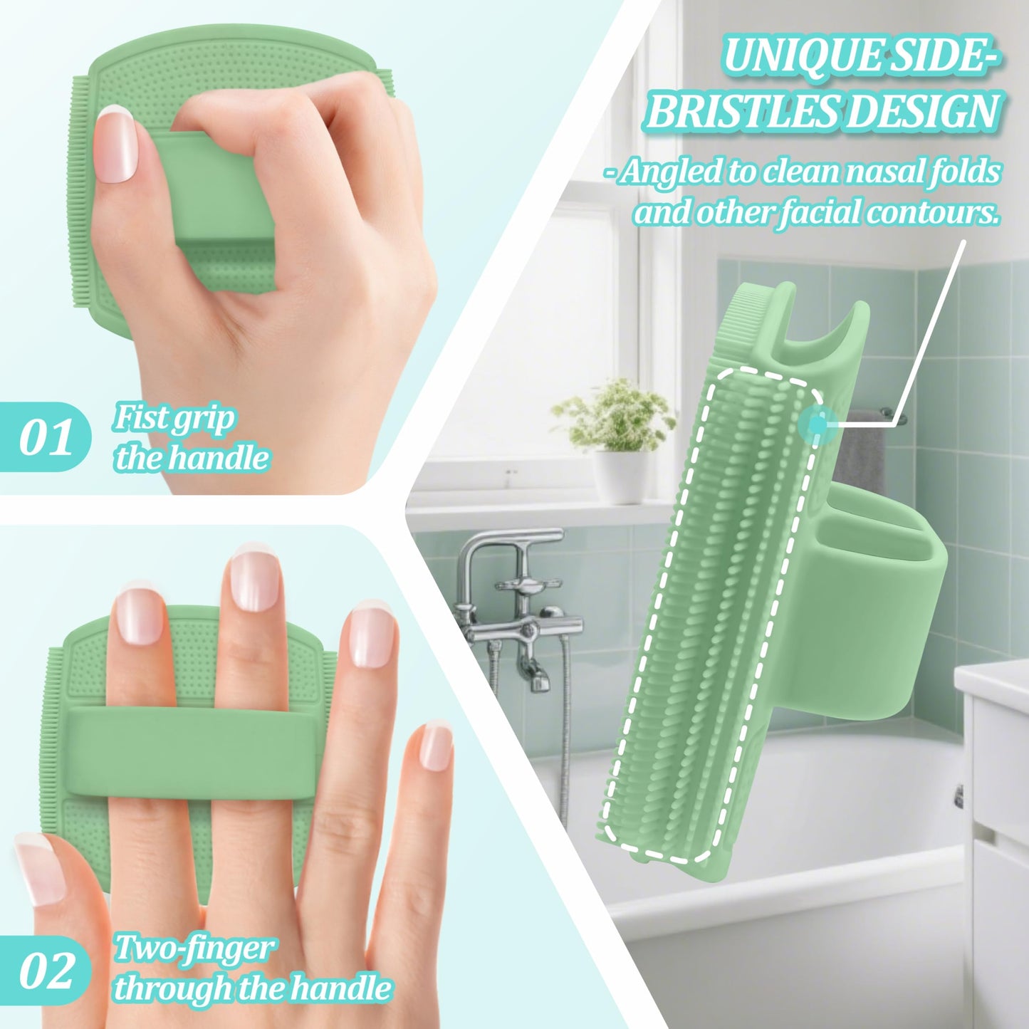 GEENOA Silicone Back & Face Scrubber & Bath Glove Set 3PCS, 13.4'' Gentle Back Scrubber with Dual-Side Head, 360° Anti-Slip Bath Glove, Unique Side-bristled Face Scrubber for All-round Cleaning(Green)