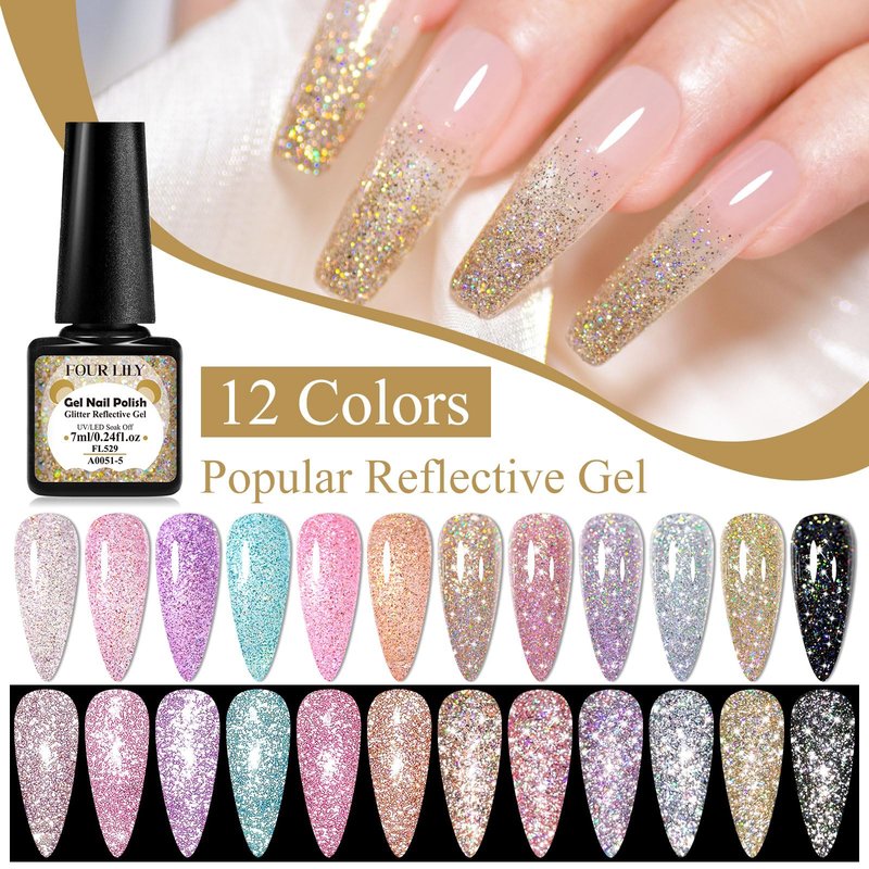Four Lily 12 Pcs Reflective Glitter Gel Nail Polish, Shimmery Gel Polish Set Sparkly Shiny Gel Soak Off UV LED Nail Art Varnish Manicure Kit DIY at Home