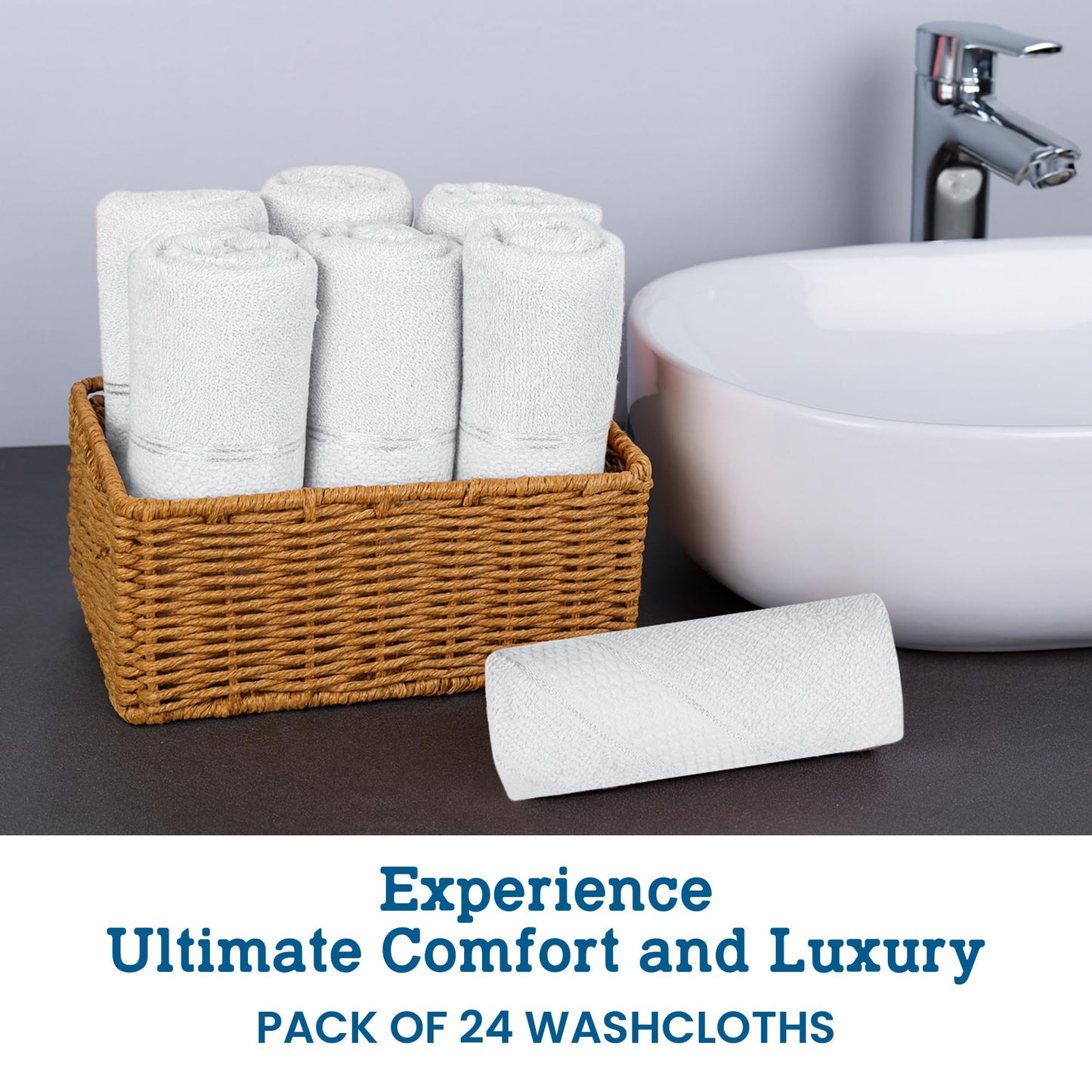 Casa Lino Face Towels & Body Wash Cloths for Showering - 100% Cotton Wash Cloths for Bathroom - Highly Absorbent & Quick Drying Washcloth Set - Cotton Washcloths 24 Pack (12" x 12") - (White)