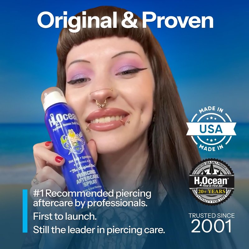 H2Ocean Piercing Aftercare Spray – Sea Salt Spray for Body and Facial Piercings – Ear, Nose, Navel, Oral & Body Piercing Cleaner, Aftercare Solution for New Piercings– 4oz