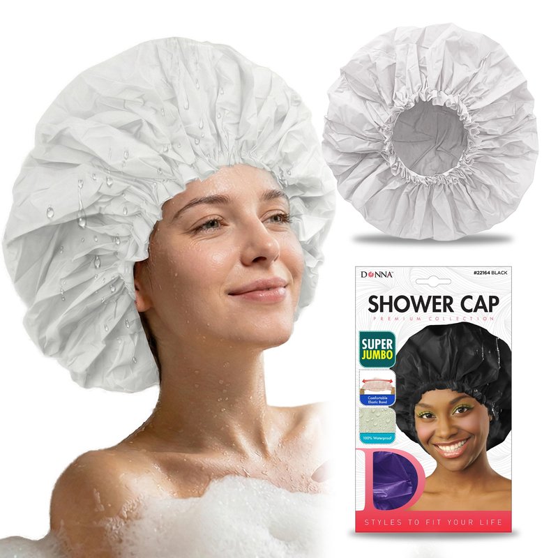 DONNA Super Jumbo Shower Cap – Comfortable Elastic Band, 100% Waterproof Hair Cap for Long Hair, Braids & Thick Styles, Reusable Big Shower Cap for Women, Keeps Hair Dry & Protected, WHITE