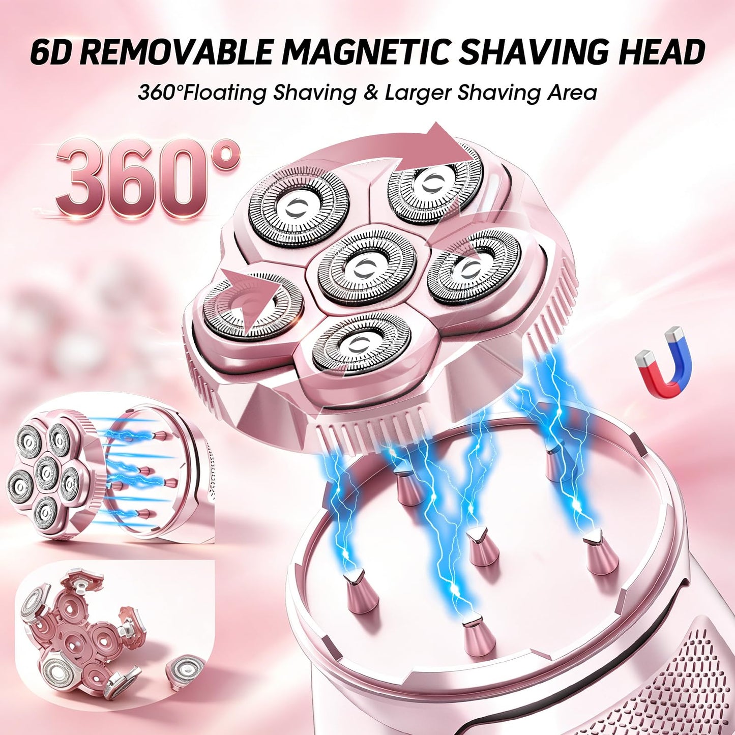 RESUXI Electric Shaver for Women, 6D Men's Magnetic Razors, Wet & Dry Body Hair Trimmer, IPX6 Waterproof, LED Display, USB Fast Charge, Cordless Grooming Kit Gifts (Pink)
