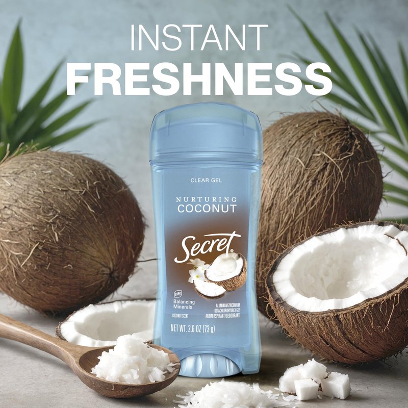 Secret Fresh Antiperspirant Deodorant for Women, 72hr Breathable Sweat & Odor Protection, Instant Freshness & Gentle, PH Balancing Minerals, Clear Gel, Nurturing Coconut Scent, 2.6 oz