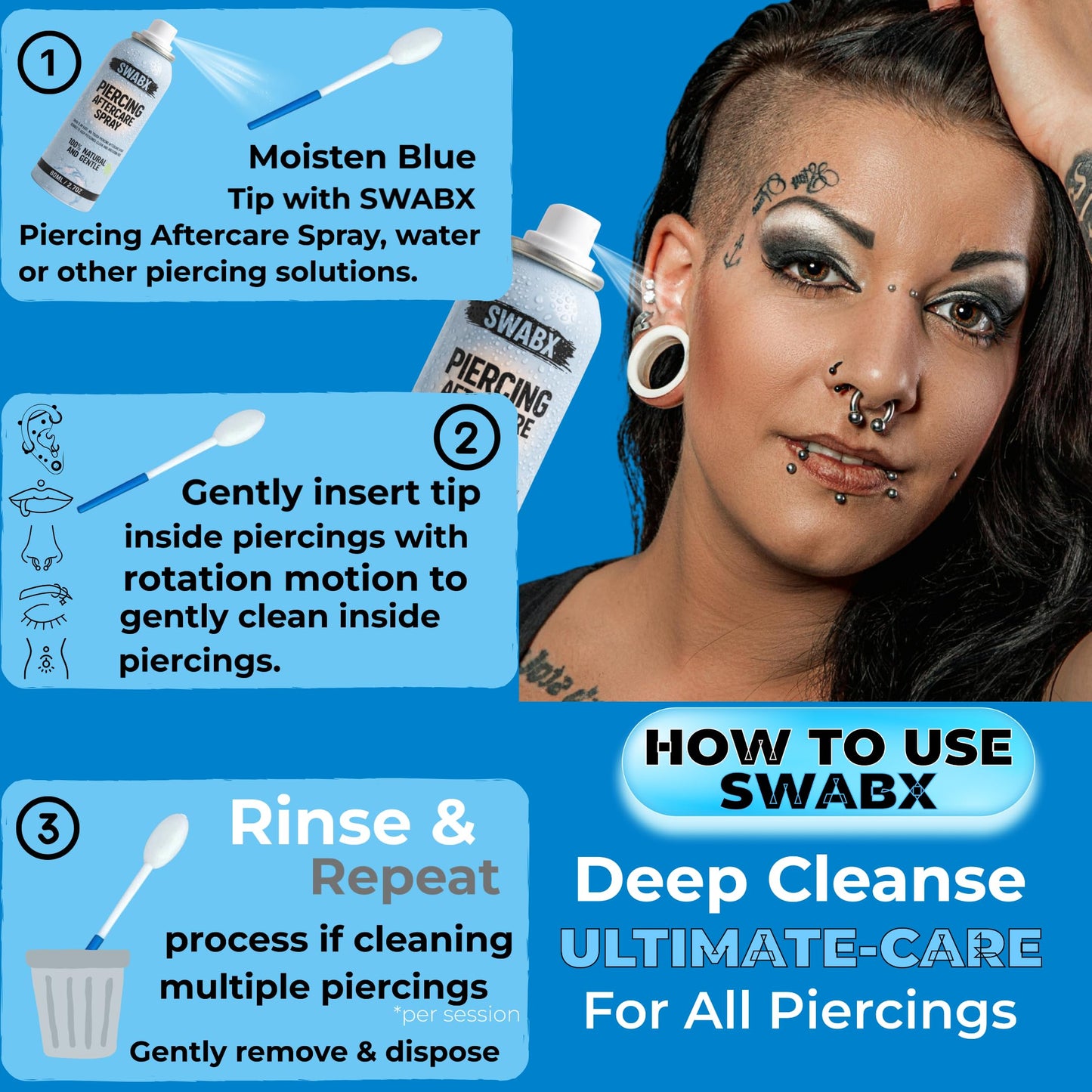 Insertable Piercing Cleaners Sturdy Tips Push Out Gunk, Odors; Cleans in Seconds Multiple Piercings. Soothe Irritation One Swipe Right Through Easy Use for Maintaining Piercings By SWABX - 2 Count