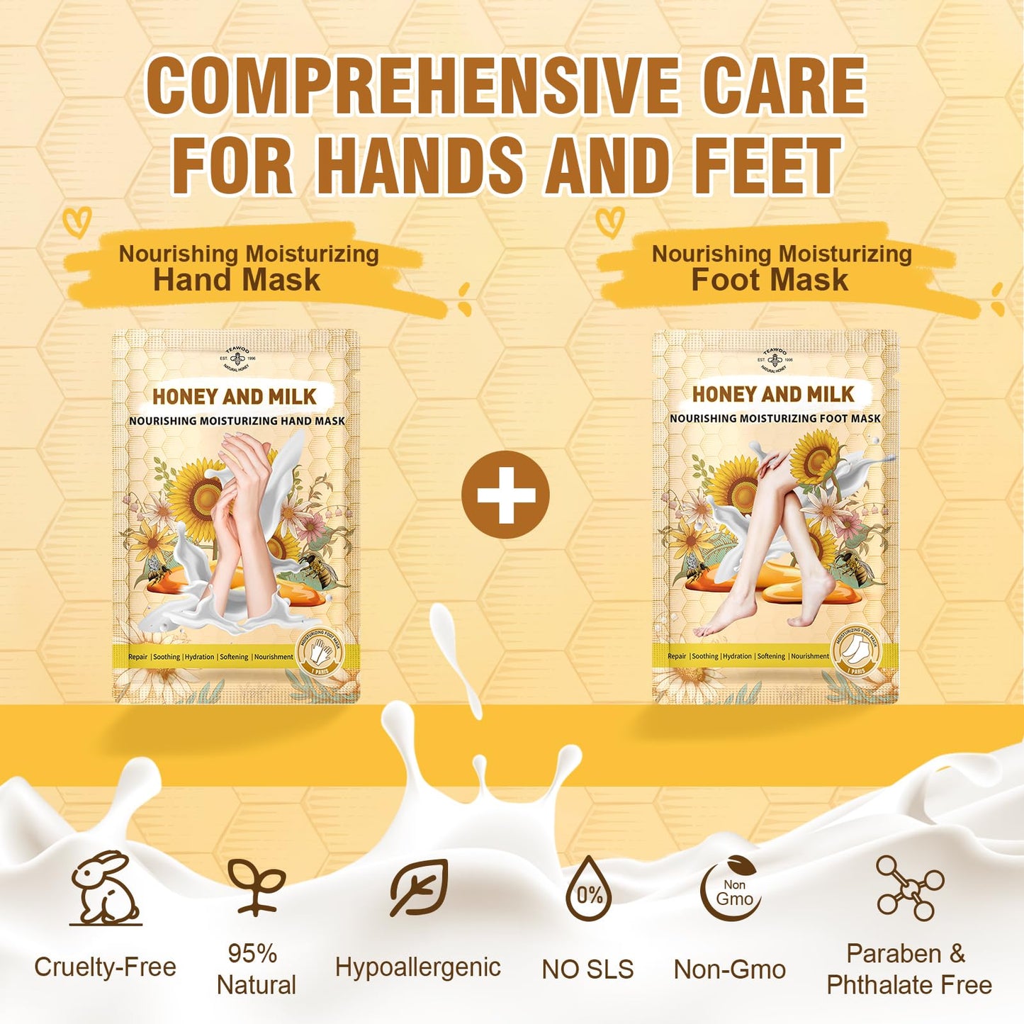 TEAWOO 18 Pairs Moisturizing Hand & Foot Masks with Honey, Milk, Vitamin E & Glycerin, Intensely Hydrating Foot Mask for Dry Cracked Feet, Moisturizing Socks for Cracked Heel Treatment