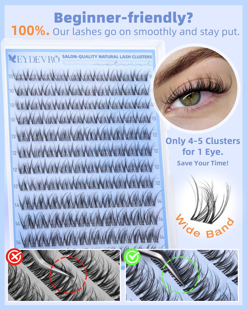 EYDEVRO Spider Lash Clusters Breeze Wispy Eyelash Clusters Slightly Fluffy Cluster Eyelash Extensions 10mm-12mm-14mm Clear Band DD Curl Cluster Lashes DIY Salon-quality Lash Extensions at Home