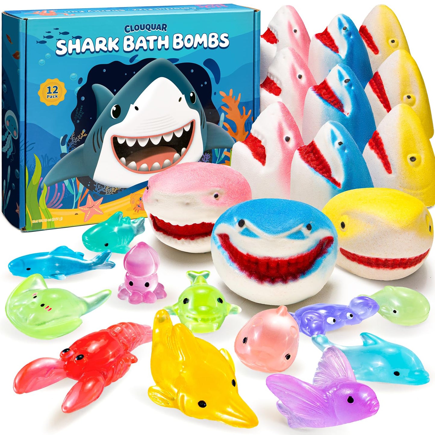 Shark Bath Bombs for Kids with Surprise Inside – 12 Pack Handmade Natural Clean Shower Bombs with Glow-in-The-Dark Ocean Toys, Great Christmas, Holiday & Birthday Gift for Boys Girls Kids Toddlers