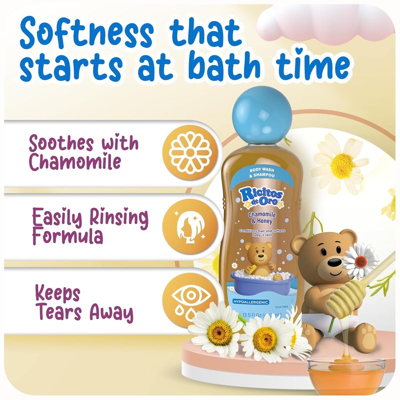 Ricitos de Oro 2-in-1 Baby Shampoo & Body Wash - Gentle Tear-Free Formula with Chamomile & Honey, 13.5 fl oz, 2-Pack