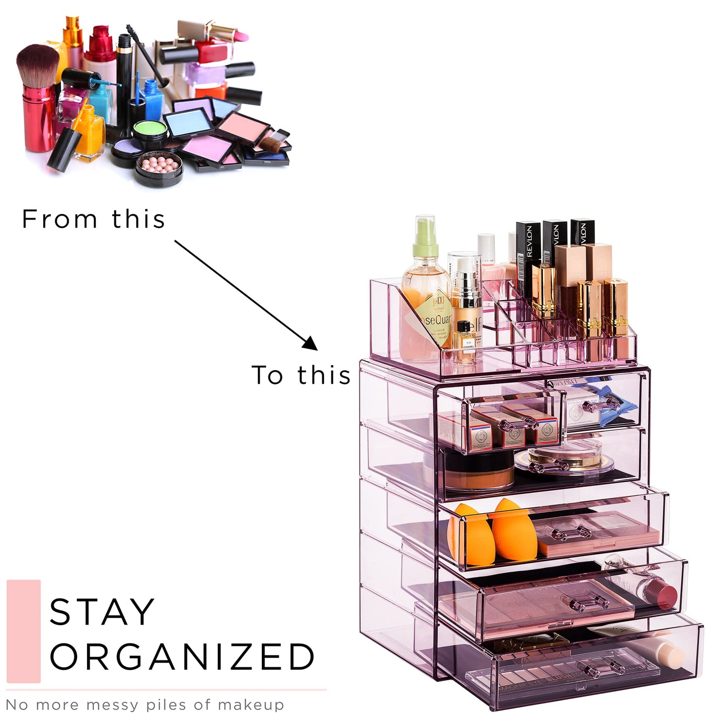 Sorbus Acrylic Makeup Organizer Set, 6-Drawer Vanity & Countertop Cosmetic Storage with Small & Wide Compartments, Purple Makeup Storage for Brushes, Jewelry – Holiday Gift for Women & Teens