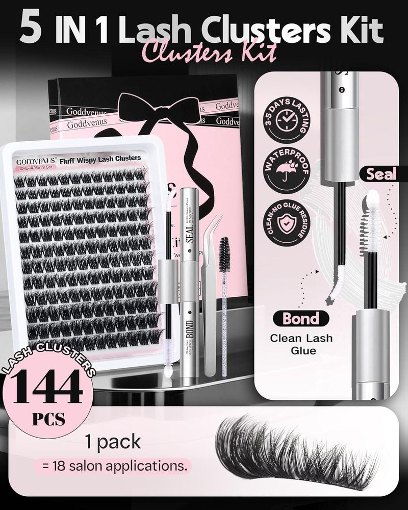 D Curl Fluffy Lash Clusters Kit | 144 PCS Thick Wispy Eyelashes, 10-18mm Natural Look, Waterproof DIY Extensions