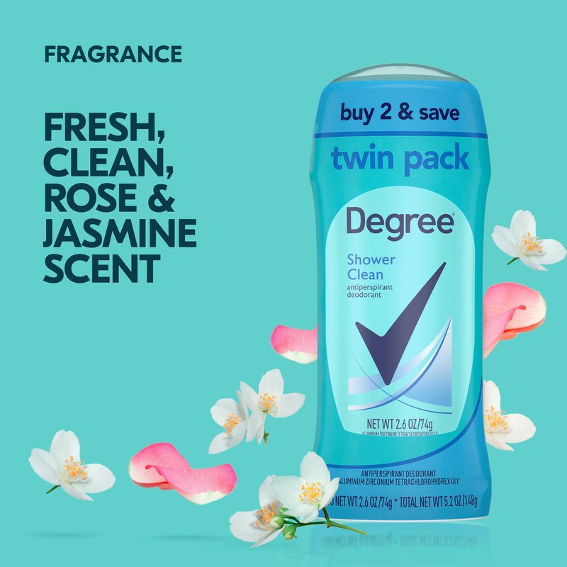 Degree Antiperspirant Deodorant Twin Pack Shower Clean 48-Hour Sweat and Odor Protection Antiperspirant for Women 2.6 oz (Pack of 6)