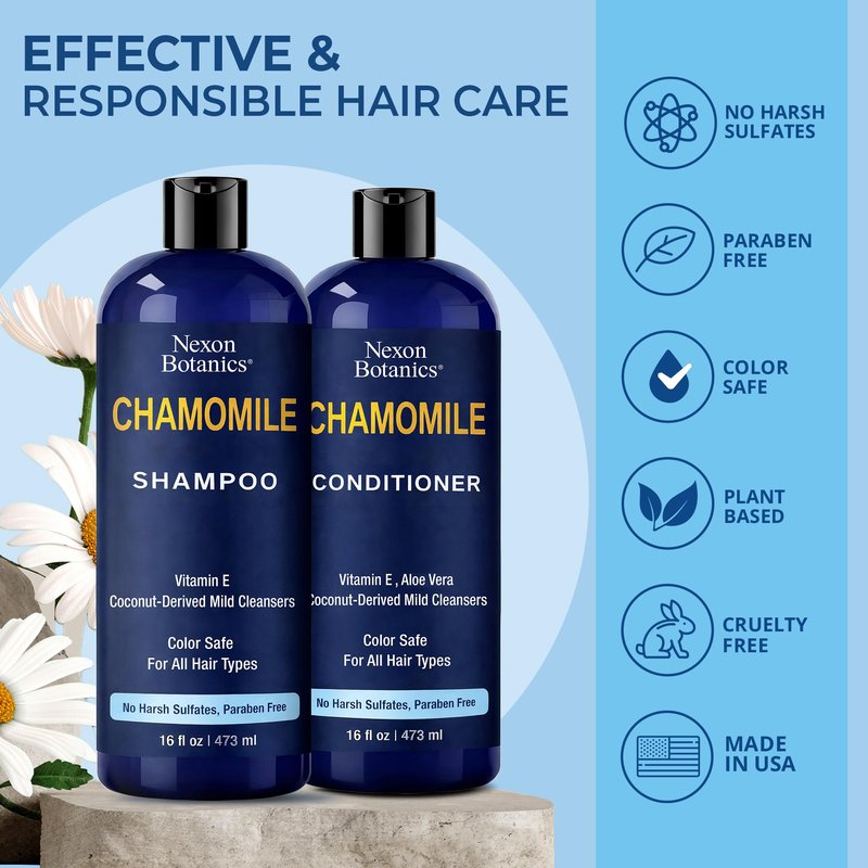 Chamomile Shampoo and Conditioner Set 16 fl oz - No Harsh Sulfates, Clarifying for Oily Dry and Frizzy Hair - Color Safe - Champu de Manzanilla - Nexon Botanics