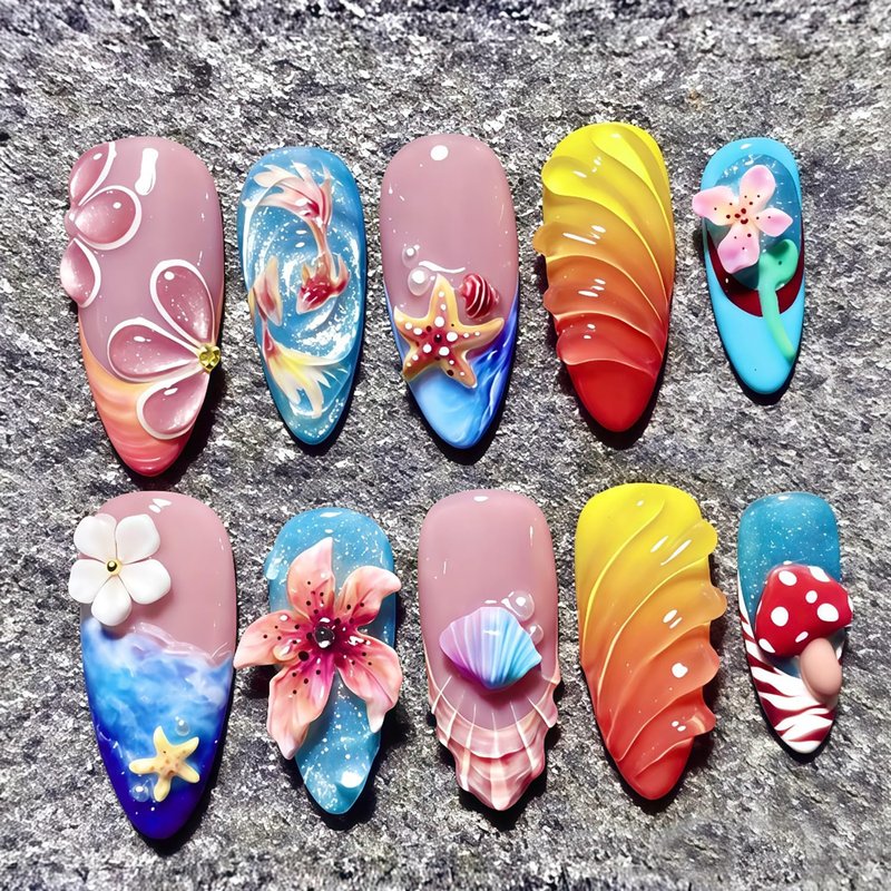 30 Pcs Summer Beach Press On Nails Almond Shape - Ocean Theme Handmade Fake Nails with Seashell Starfish Decor, Reusable Acrylic False Nails for Women Wedding Party Vacation