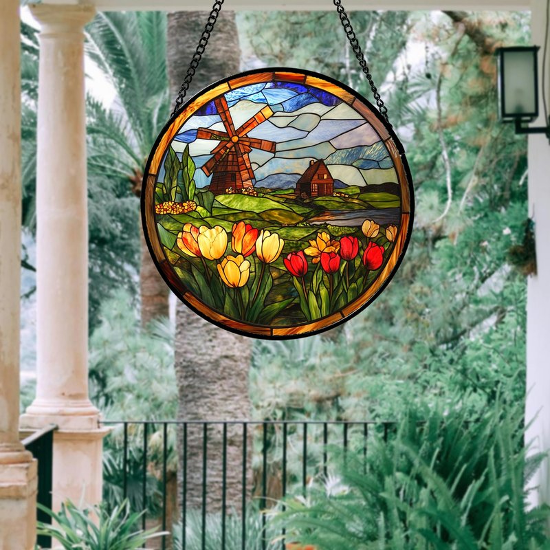 QZQCBLC Stained Glass Window Hanging Tulip Windmill Farm Landscape 6.3" - Flower Suncatcher Door Garden Sun Catcher Decor Birthday Christmas for Mom Woman Nana Friend Wife