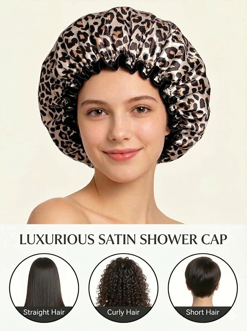 Aquior Shower Cap - Reusable Waterproof Leopard Print Hair Cap | Dual Layer Ruffle Edge for Long Hair