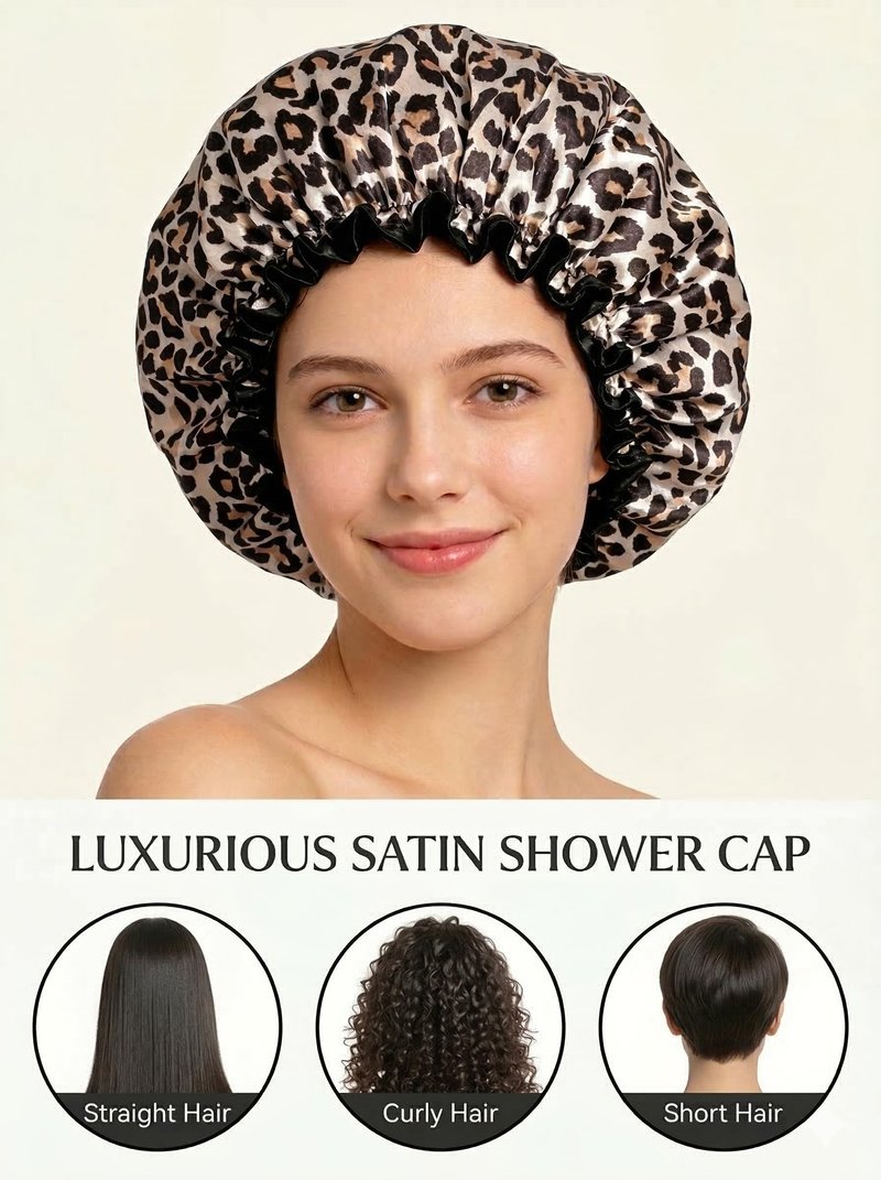 Aquior Shower Cap, Reusable Waterproof Leopard Print Hair Cap,Dual Layer Large Ruffle Edge for Long Hair, Ideal for Shower, Skincare, Cooking, Spa and Travel Use