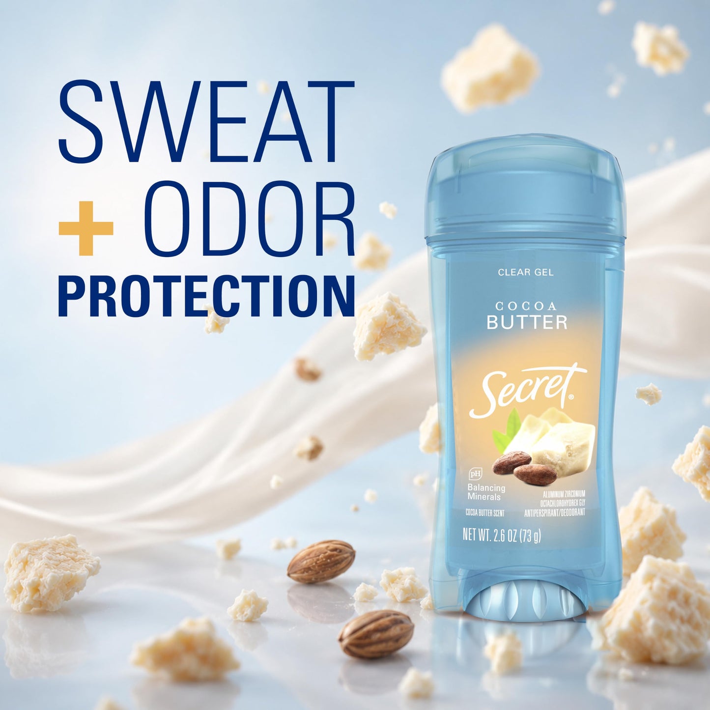 Secret Fresh Antiperspirant Deodorant for Women, 72hr Breathable Sweat & Odor Protection, Instant Freshness & Gentle, PH Balancing Minerals, Clear Gel, Cocoa Butter Scent, 2.6 oz