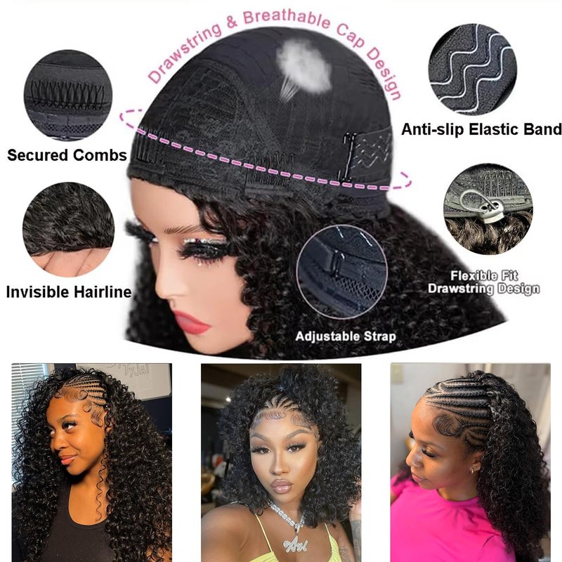 Maytune Deep Wave Half Wig Human Hair 3 In 1 Seamless Flip Over Curly Half Wigs for Black Women Wear and Go Beginner Friendly Human Hair Drawstring Headband Wig for Women 26 Inch