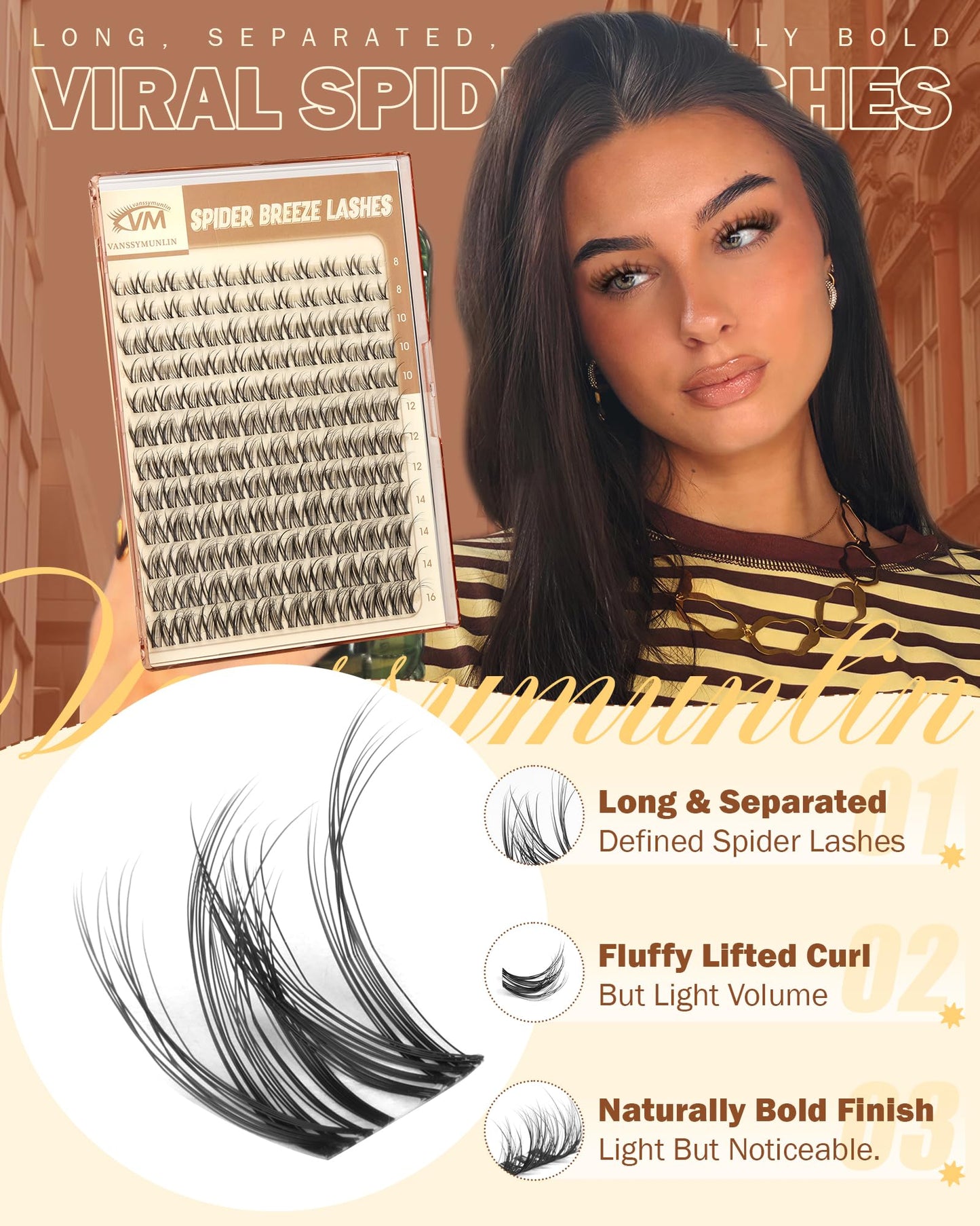 Spider Breeze Lash Clusters, Wispy Natural Eyelash Clusters D Curly Lashes Cluster Venus 8-16mm Cluster Eyelash Extensions Reusable Individual Lashes with Invisible Band for DIY at Home Vanssymunlin