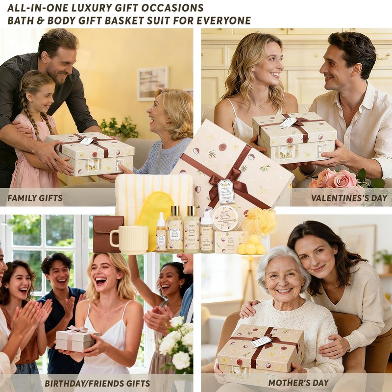 33 Pcs Coconut Vanilla Spa Gift Basket for Women & Men, Face Skin Care Set, XXL Bath & Body Set, Self Care Pamper Kit, Manicure Set, Birthday, Christmas, Valentines, Mother Day, Anniversary