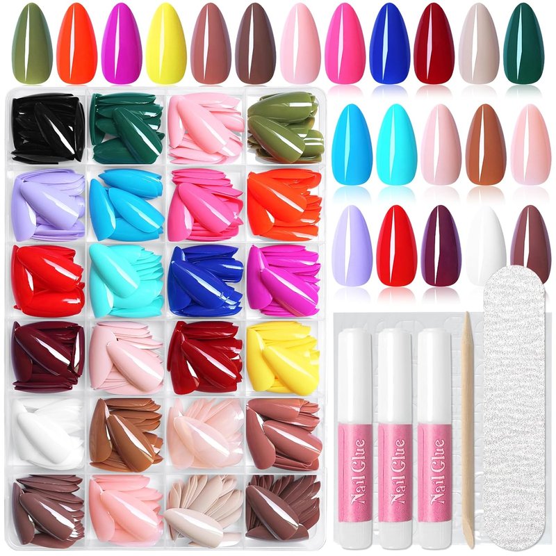 576pc Almond Press on Nails Medium Stiletto Fake Nails Press ons Acrylic Nail Press Nail Almond Glue Nails for Women, 24 Color Stick Nail Tip Artificial Fingernail Presson Nail with Glue&Tab