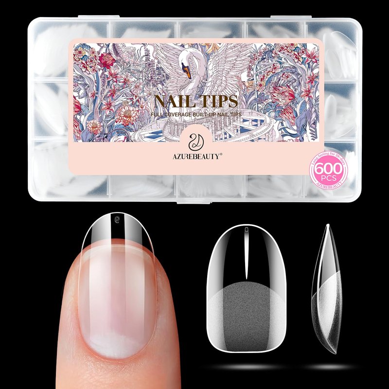 AZUREBEAUTY Short Oval Round Nail Tips, 600pcs Pre Etched Soft Gel Nail Tips 15Sizes Acrylic Fake Nails Half Matte Full Cover Clear Press On False Nail Extensions for DIY Manicure at Home