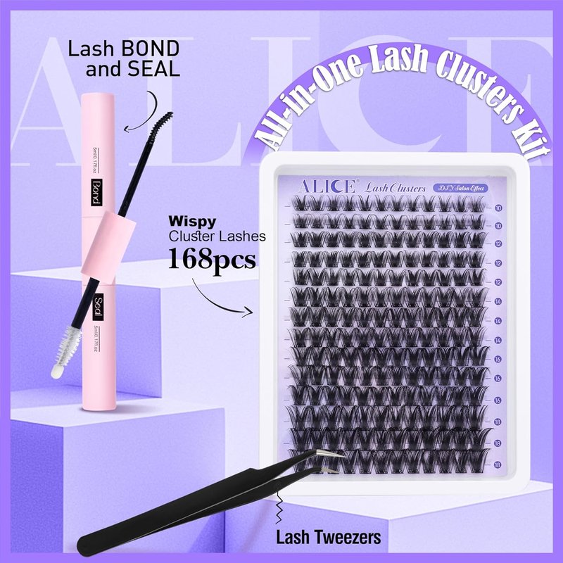 **ALICE Wispy Lash Clusters Kit - 168pcs Natural Eyelash Extensions 10-18mm with Glue for DIY Home Use**