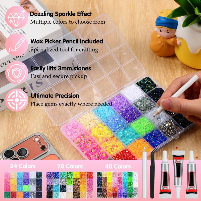 Bedazzling Kit Rhinestones, Colorful DIY Resin Jelly Rhinestones for Bedazzling, 3mm Flatback Gems Bedazzler Kit with 3pcs B7000 Jewelry Glue & Tweezer, for Nail Art Crafting Clothes (32000PCS)