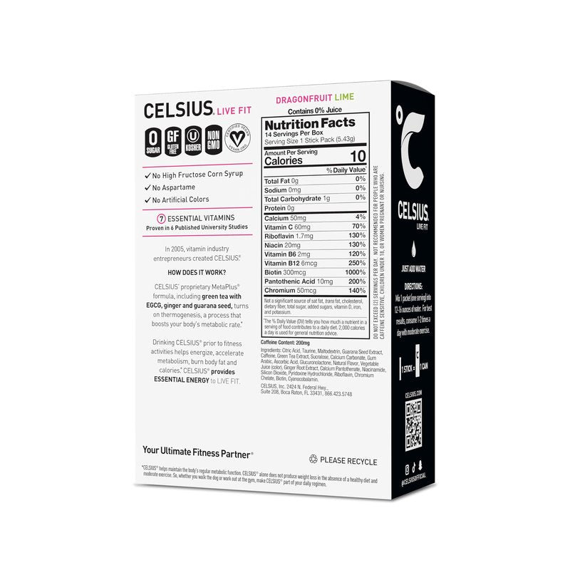 CELSIUS® On-The-Go Powder Sticks Dragonfruit Lime, Essential Energy 2.8 Oz