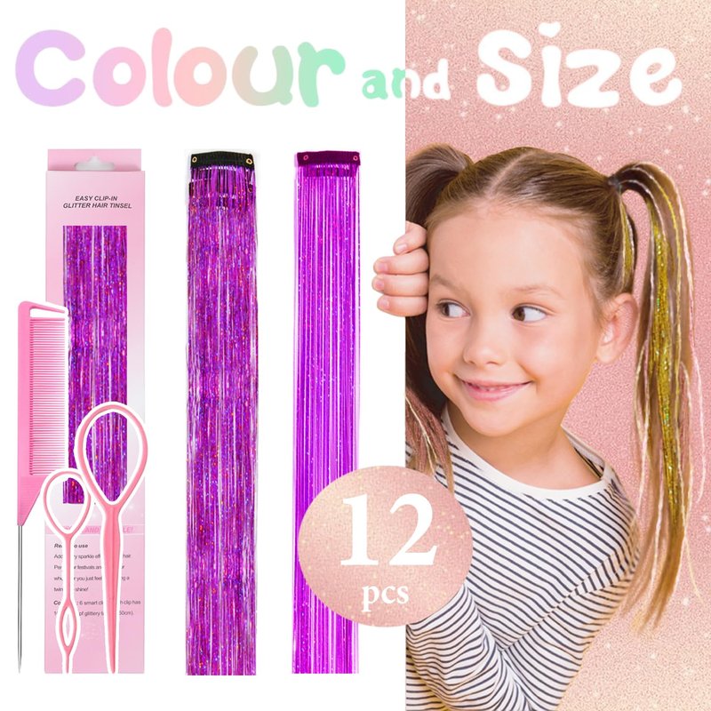 Hair Tinsel Clip in Purple Fairy Hair Tinsel Kit, 12 Pcs 24 Inch Glitter Clip in Hair Extensions for Girls Women Kids Christmas New Year Festival Party (Purple)