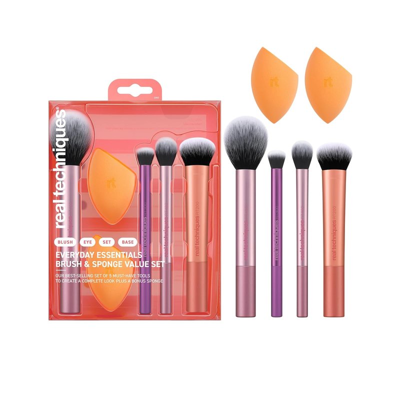 Real Techniques Makeup Brush Set - 6 Essential Brushes & Sponges for Foundation, Blush, Contour | Travel-Friendly, Vegan