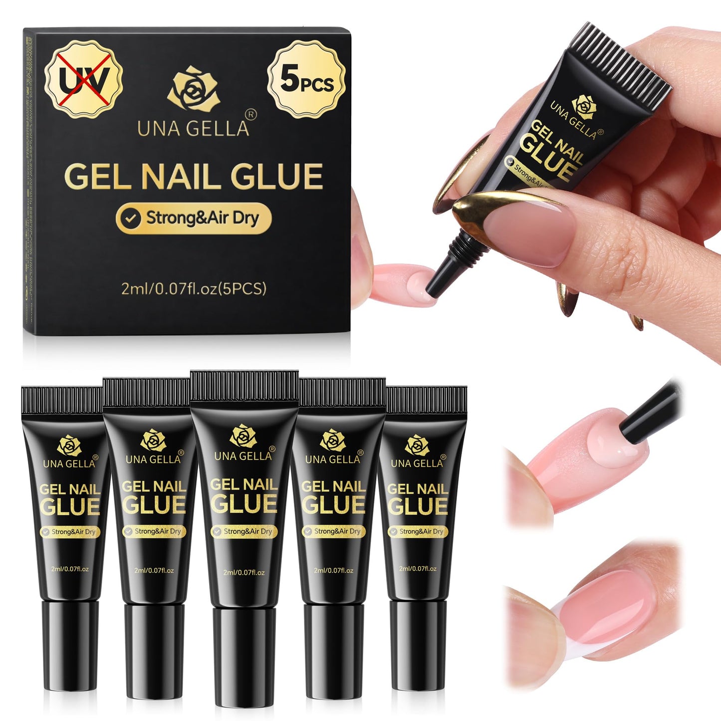 UNA GELLA Super Strong Nail Glue 2ml x 5Pcs for Press On Nails, Nail Tips & Clear Fake Nails, Mini Tubes Quick Drying Semi Solid Nail Glue for Press ons No UV Light Needed Long Lasting Mess-Free