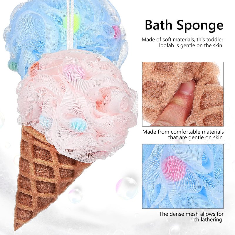 DEARMAMY Kids Loofahs 3 Pack Ice Cream Bath Sponge Shower Balls Soft Body Scrubbers with Hanging Rope for Toddlers Gentle Bath Accessories