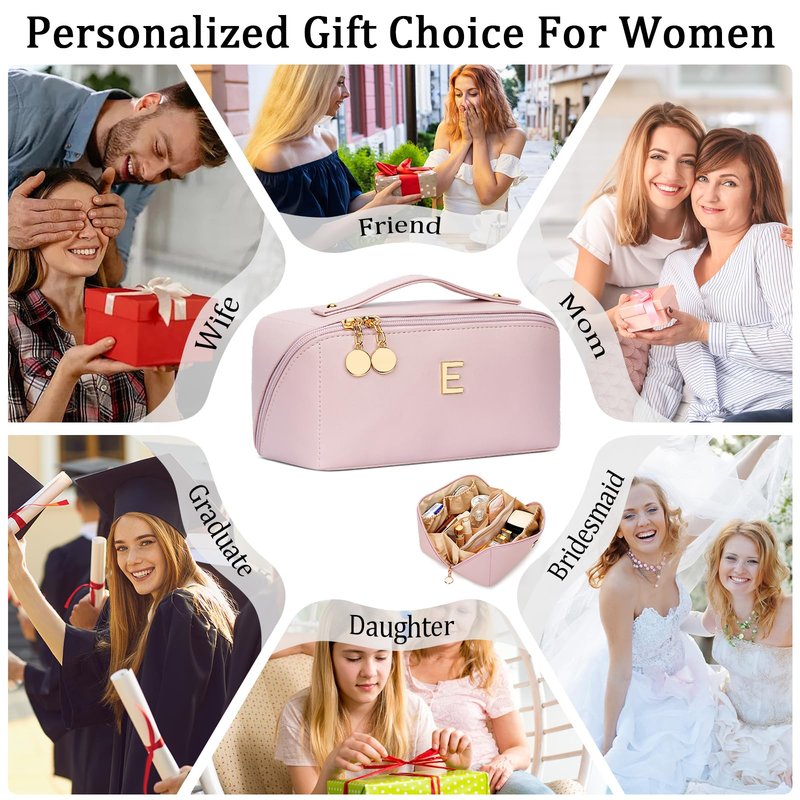 CLOUDWINGS Initial Makeup Bag Gifts for Women Bridesmaid Gifts Travel Toiletry Personalized PU Leather Waterproof Cosmetic Bag (Large-Pink-E)