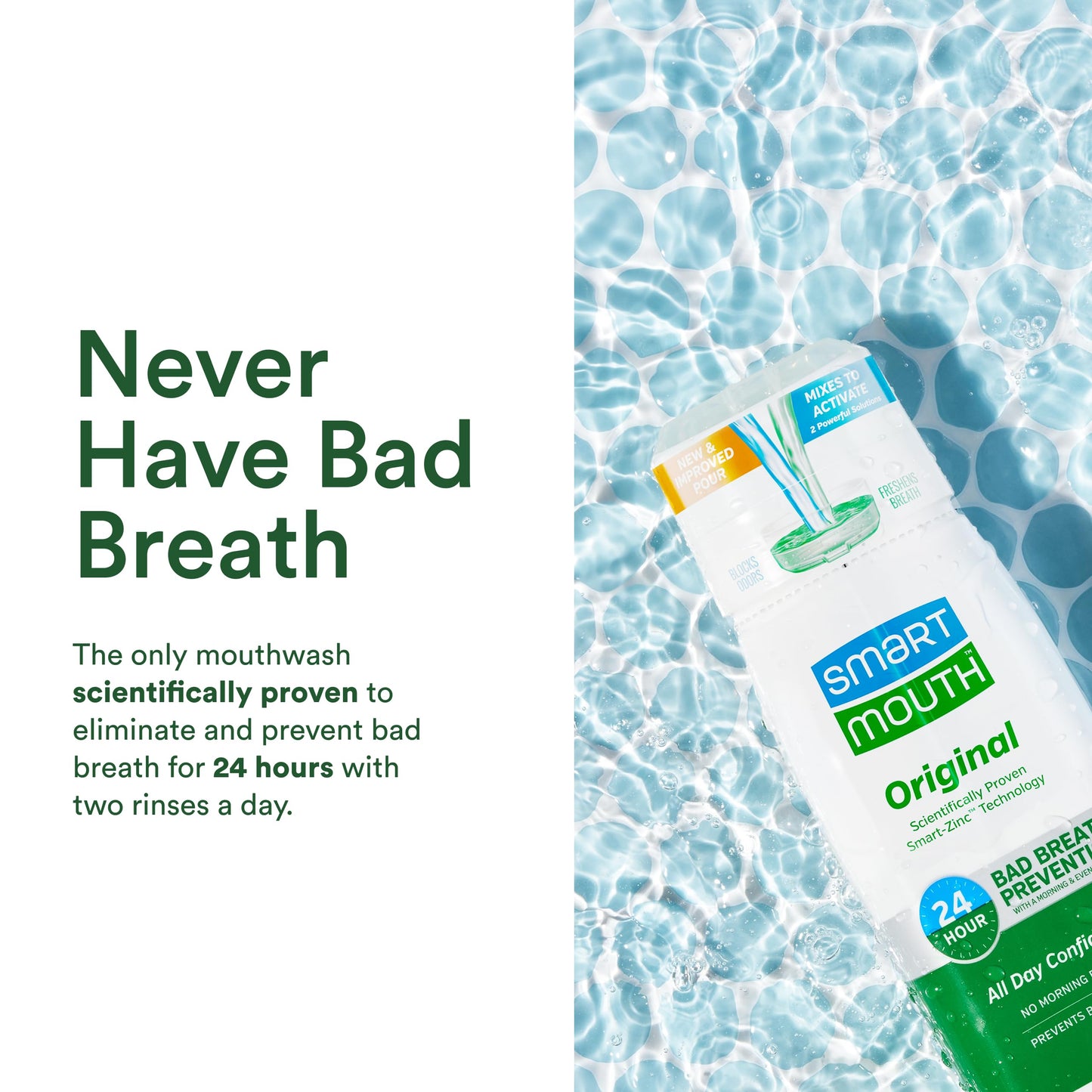 SmartMouth Original Zinc Activated Mouthwash & Tongue Cleaner - Instant Fresh Breath Mouthwash - Eliminates Bad Odors & Bad Breath - Sugar, Gluten & Alcohol-Free - Fresh Mint - 16 fl oz, 1 Count
