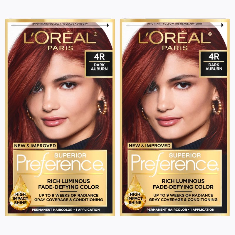 L'Oreal Paris Superior Preference Luminous Fade-Defying Permanent Hair Color, Hair Dye For Up to 9 Weeks of Radiance, Dark Auburn 4R, 1 Hair Dye Kit (Pack of 2)