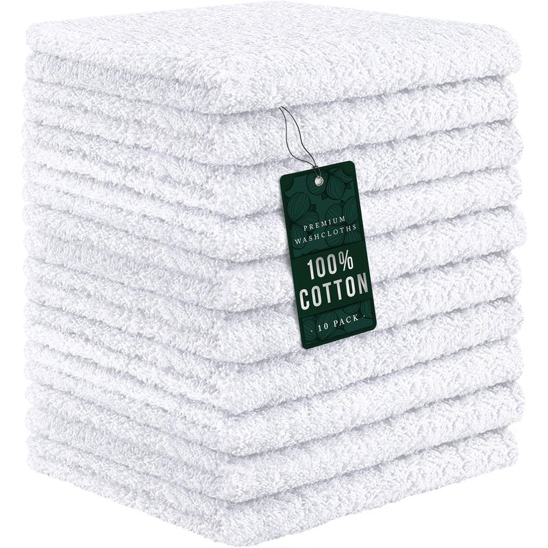 DecorRack 10 Pack 100% Cotton Wash Cloth, Luxurious Soft, 12 x 12 inch Ultra Absorbent, Machine Washable Washcloths, White (10 Pack)