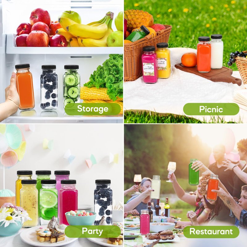 Alotpower 8 oz Glass Juice Bottles with Lids 12Pack, 240ml Square Reusable Drinking Bottles for Juicing, Water, Kombucha Juices, Milk, Beverages and More (8fl.oz, Set of 12)