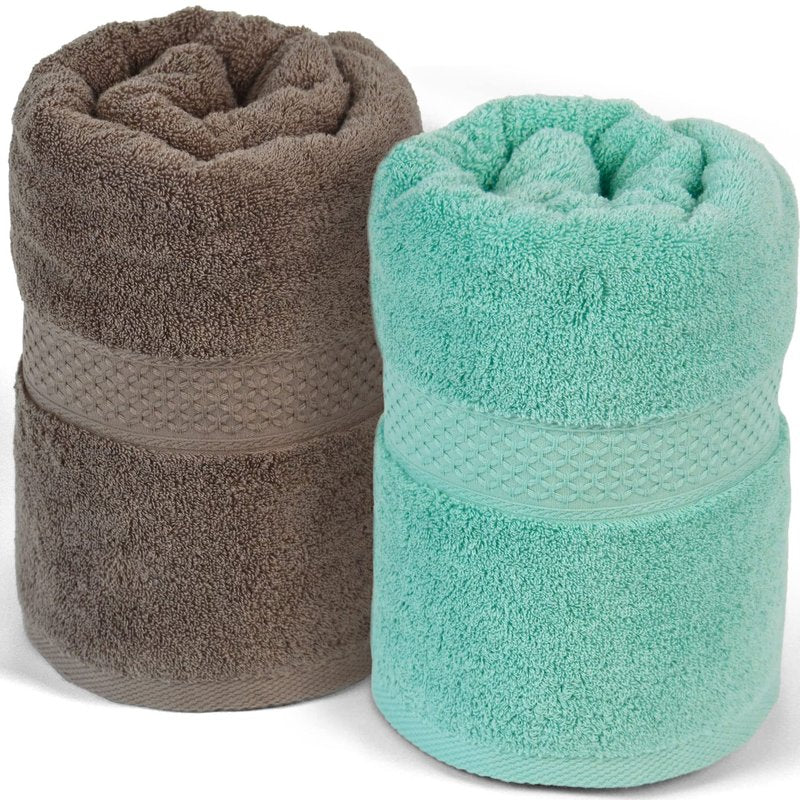 Cleanbear Bath Towels Set of 2 Shower Towels Ultra Soft Cotton Towel for Bathrooms 2 Colors 55 by 27 Inches Thick Bath Towel for Body Drying (Light-Brown and Teal)