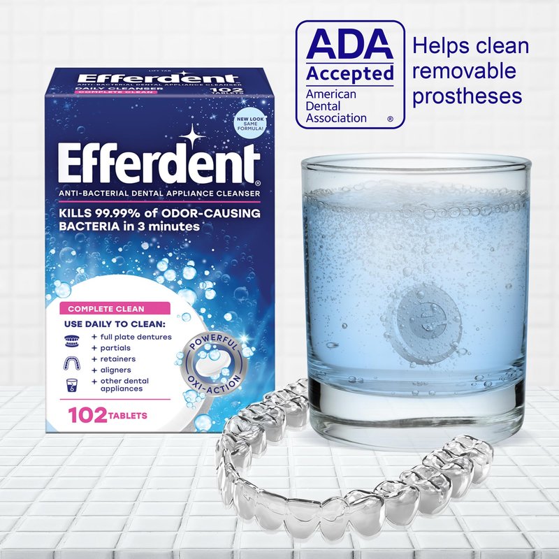 Efferdent Retainer Cleaning Tablets, Denture Cleanser Tablets for Dental Appliances, Complete Clean, 102 Tablets