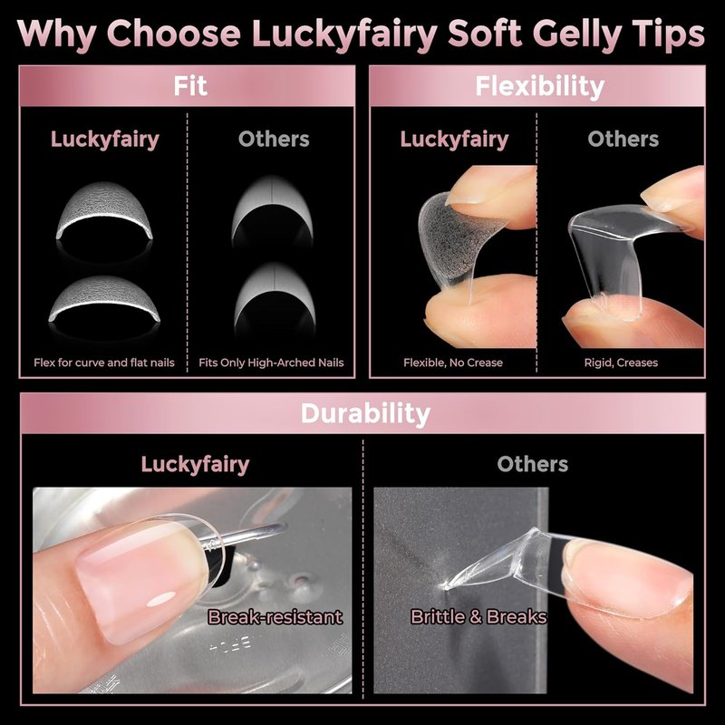 Luckyfairy Short Oval Nail Tips - 240 Pcs Half Matte Clear Gel Acrylic Full Cover for DIY Nail Art | 12 Sizes