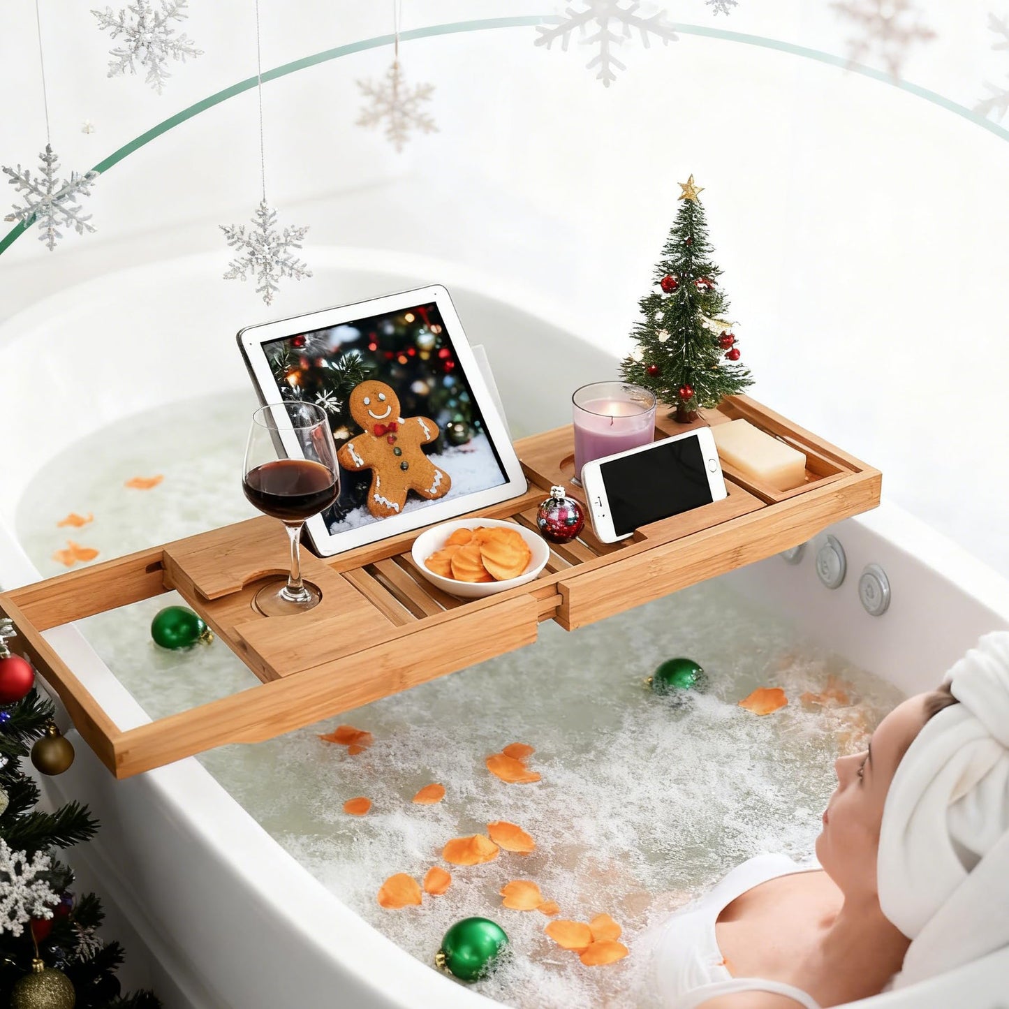 Utoplike Bamboo Bathtub Caddy Tray Bath Tray for Tub, Adjustable Bathroom Bathtub Organizer with Book Tablet Wine Glass Cup Towel Holder