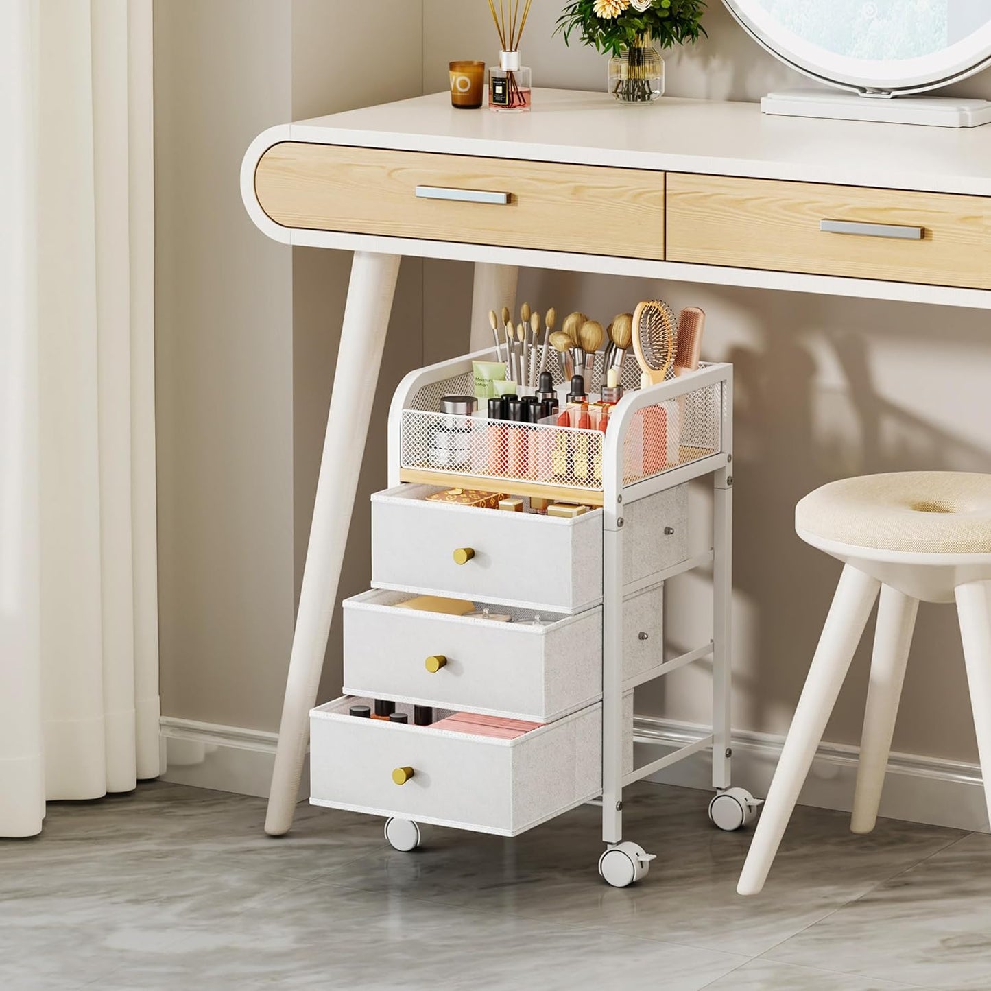 SWTYMIKI Rolling Makeup Organizer Cart - Under Desk Vanity Storage with 3 Drawers | Perfect for Cosmetics & Tools