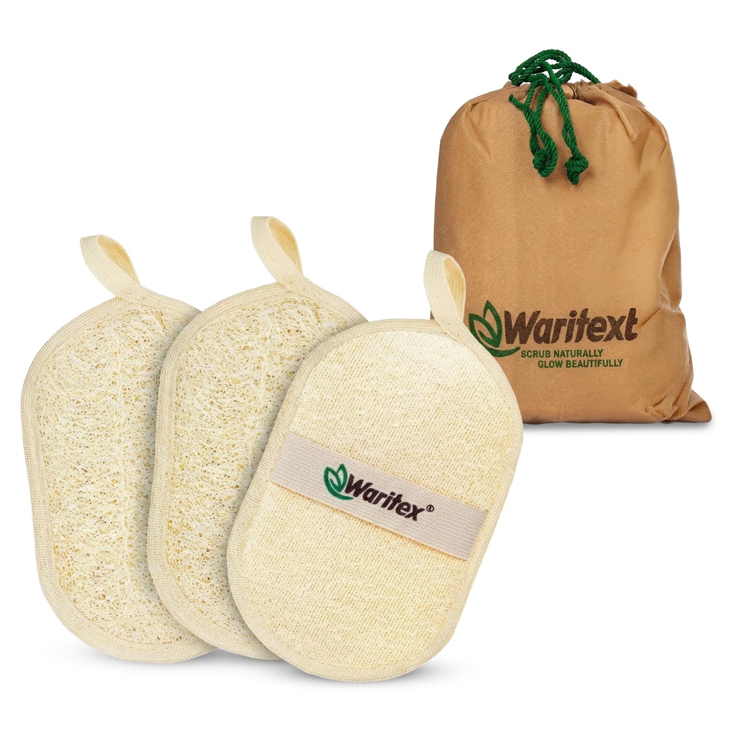 Waritex Egyptian Loofah Oval Exfoliating Body Scrubbers [3 Pack] - Loofah Shower Pads with Hand Strap for Gentle Skin Exfoliation, Smooth & Refreshing Skin, Face and Body