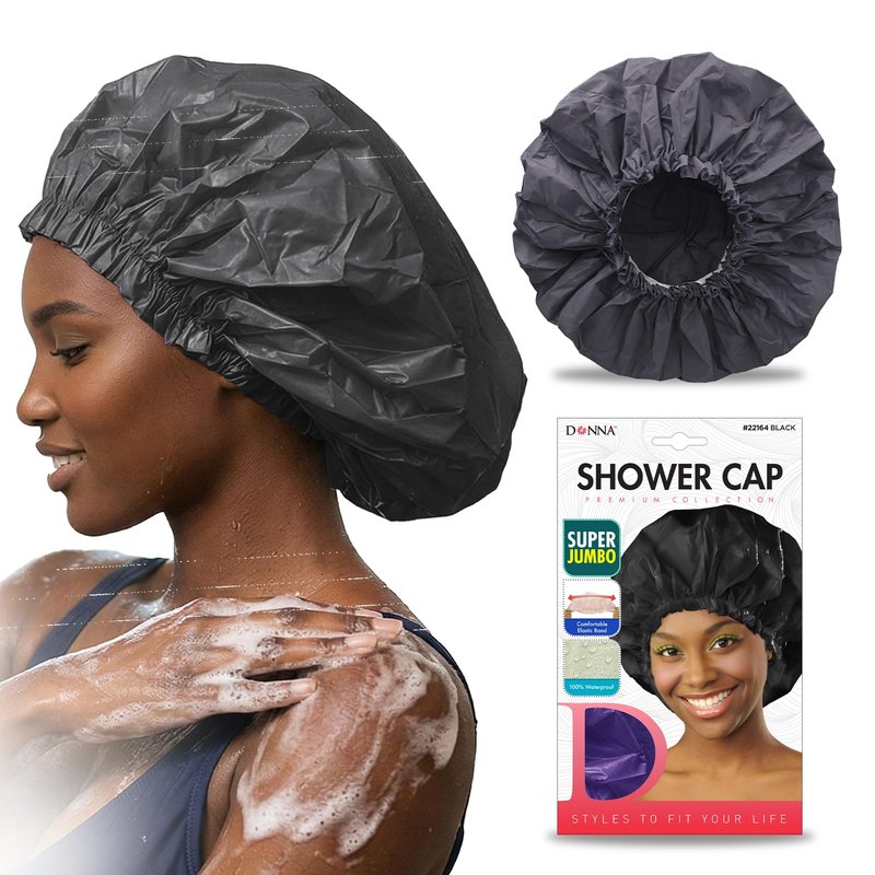 DONNA Super Jumbo Shower Cap – Comfortable Elastic Band, 100% Waterproof Hair Cap for Long Hair, Braids & Thick Styles, Reusable Big Shower Cap for Women, Keeps Hair Dry & Protected, Black