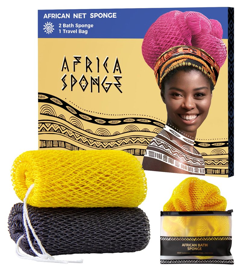 African Net Sponge Authentic - 2 Pieces Exfoliating Body Scrubber Bath Sponge York&Slate - Back Scrubber Washcloth for Shower - Real African Scrub Exfoliator Body Care Bathing Accessorie