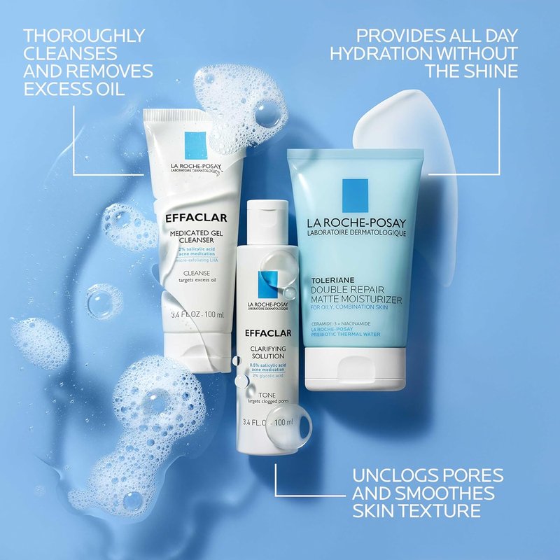 Effaclar Daily Acne Treatment Kit - Salicylic Acid Cleanser, Pore Refining Toner & Oil-Free Moisturizer | 2-Month Supply for Oily & Combination Skin