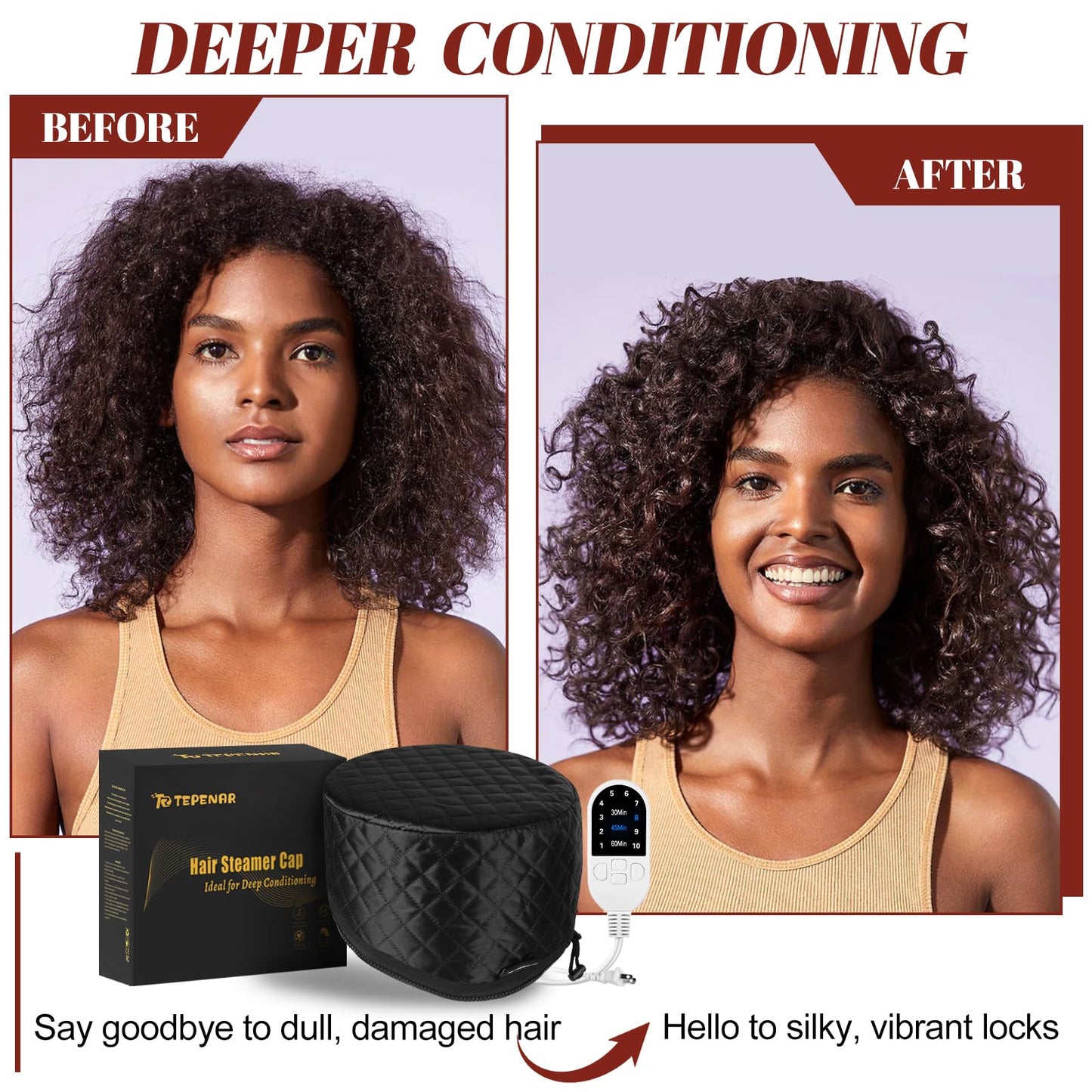 TEPENAR Hair Steamer for Deep Conditioning: Upgraded Heat Cap with 10-Level Fast Heating 3 Time Settings for Natural Hair Portable Thermal Steam Cap for Home Hair Treatment